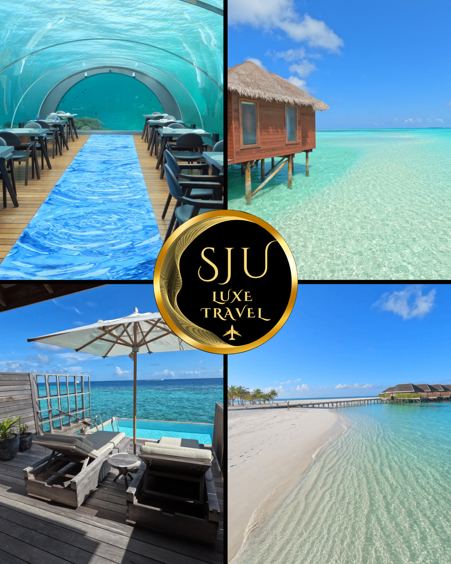 Maldives travel collage featuring underwater restaurant, overwater bungalow, private pool deck, and pristine beach
